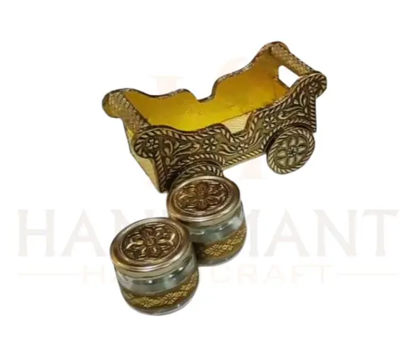 Handcrafted Antique Gold Metal Chariot Gift Set – 2 Glass Jars for Dry Fruits - Image 3