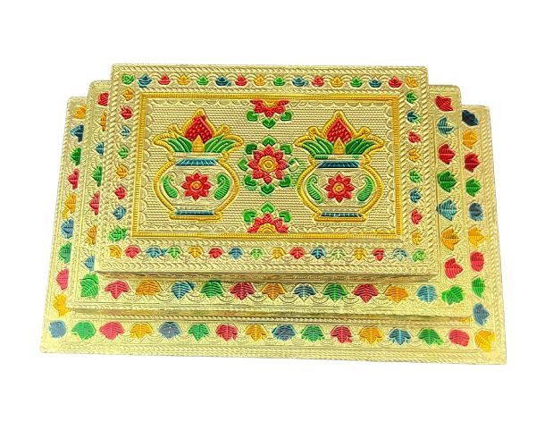 Bush Golden pooja Patli (3) Gold Polish Pooja Chowki with Base | Bajot Patla for Mandir Decor - Image 1