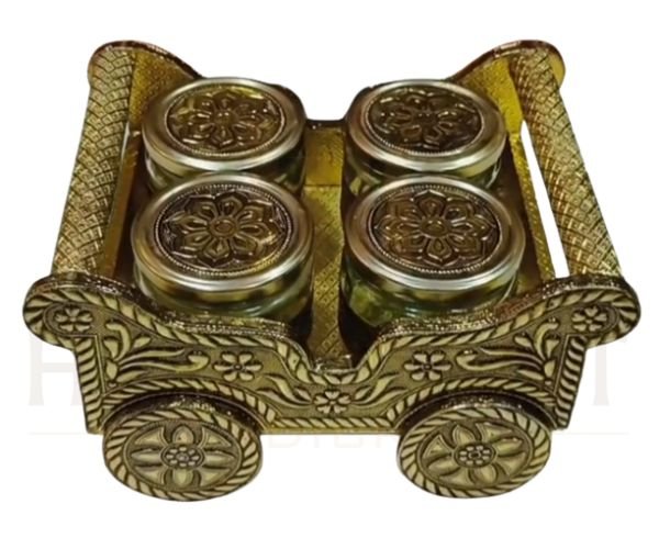 Chariot Luxury Gift Set – 4 Glass Jars (1) Handcrafted Antique Gold Metal Chariot Luxury Gift Set – 4 Glass Jars for Dry Fruits & Mukhwas - Image 1