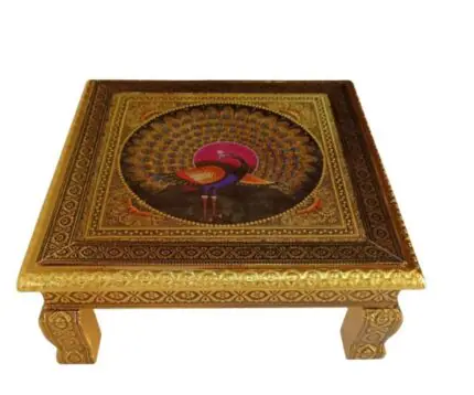 Pooja Chowki (15 x 15 Inch) | Decorative Puja Bajot | Peacock Design