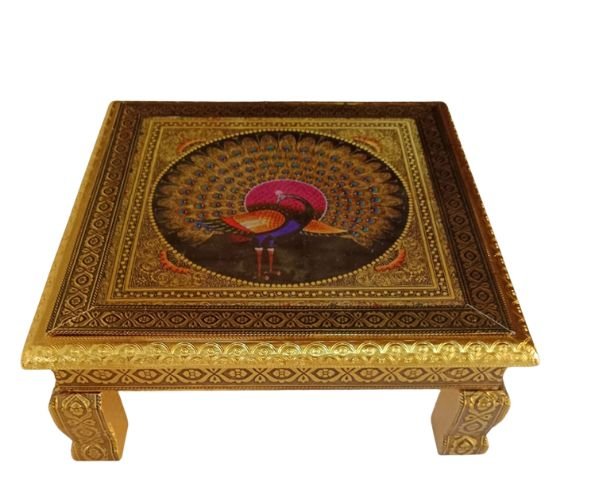 Decorative Puja Bajot (4) Pooja Chowki (15 x 15 Inch) | Decorative Puja Bajot | Peacock Design - Image 1