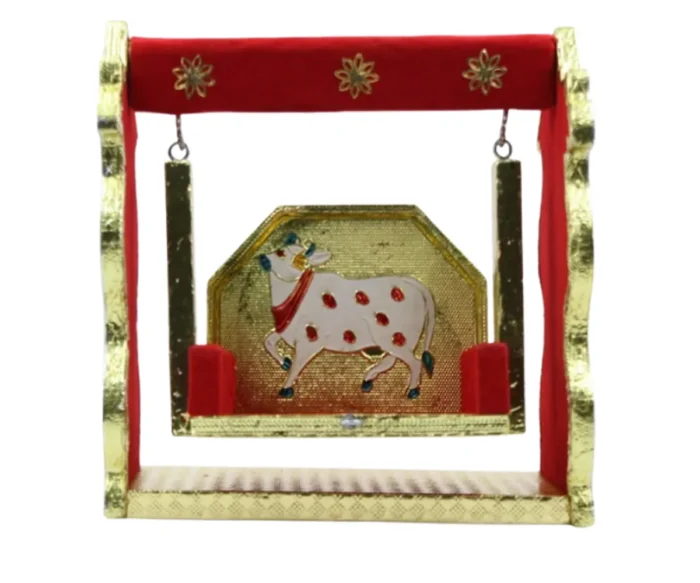 Handcrafted Laddu Gopal Jhula with Cow Motif – Red & Gold Pooja Swing - Image 1
