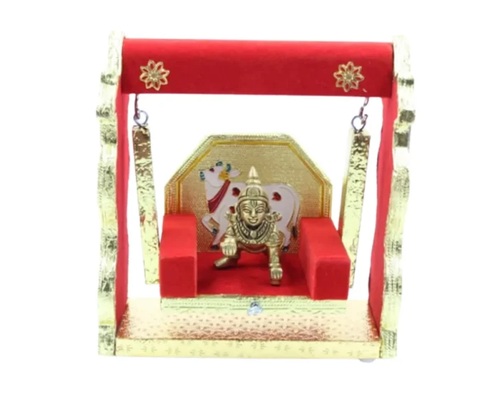 Handcrafted Laddu Gopal Jhula with Cow Motif – Red & Gold Pooja Swing - Image 3