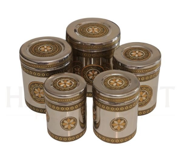 Meenakari Stainless Steel Decorative Container Set (4) Meenakari Stainless Steel Container Set – Premium Storage Container for Kitchen & Wedding Gift - Image 1