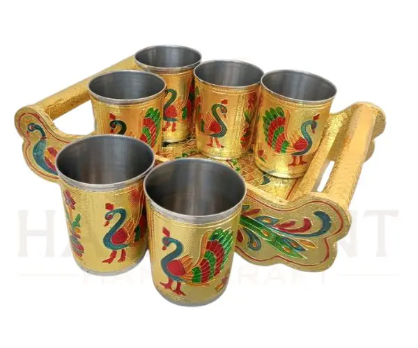 Peacock Design Glass Set with Serving Tray - Image 1